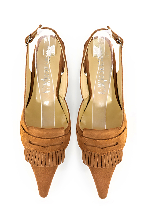 Camel beige women's slingback shoes. Pointed toe. Medium block heels. Top view - Florence KOOIJMAN